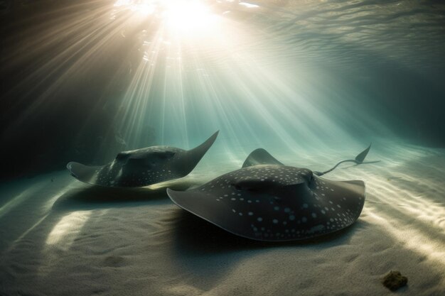 Nahaufnahme eines Haifischauges mit schwimmenden Rochen im Hintergrund, erstellt mit generativer KI