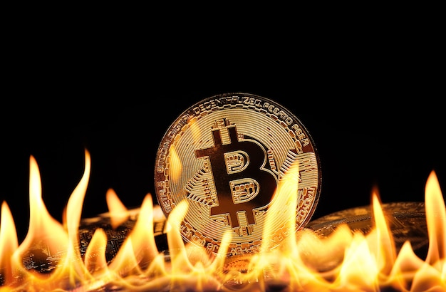 Nahaufnahme eines Haufens von goldenen physischen Bitcoin-Münzen, die in Feuerflammen auf schwarzem Hintergrund brennen, als Symbol für Wirtschaftskrise, Niedergang und Kryptowährungsmarkt in Gefahr