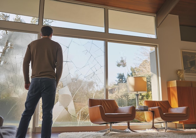 Nahaufnahme eines Hausinspektionstechnikers, der zerbrochene Fensterscheiben in einem modernen MidCentury-Haus beurteilt