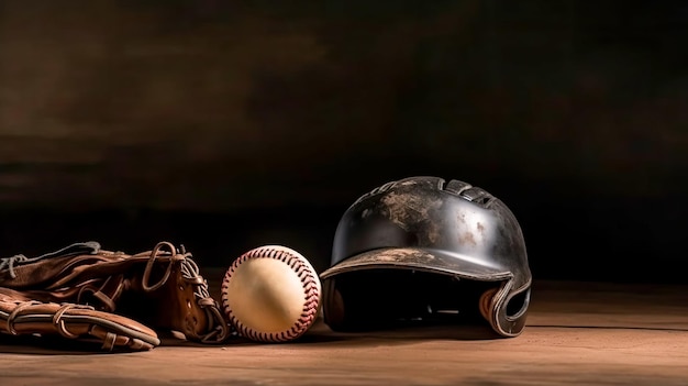 Nahaufnahme eines Helmhandschuhs und eines alten Softballs mit Freiraumidee für ein von der KI generiertes Banner