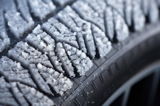 Nahaufnahme eines hochwertigen Winterreifens, der mit Schnee und Frost bedeckt ist