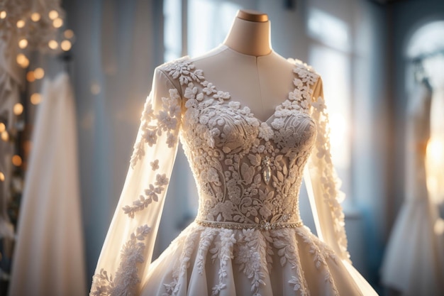 Nahaufnahme eines Hochzeitskleides im Brautzimmer, Hintergrund, generativ
