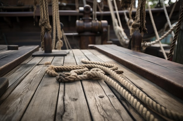 Nahaufnahme eines Holzbretts auf einem Piratenschiff mit Seilen und Hängematten im Hintergrund