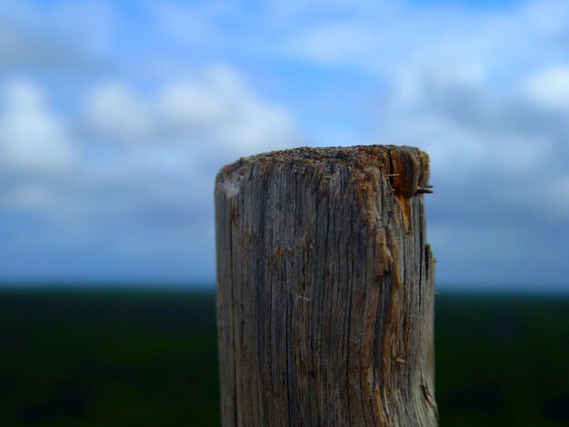 Nahaufnahme eines Holzpfahls gegen den Himmel