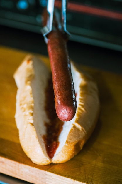 Nahaufnahme eines Hotdogs bei der Herstellung