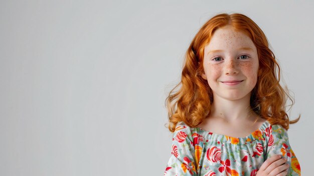 Nahaufnahme eines hübschen kleinen Mädchens mit roten Haaren und Freckles in farbenfrohem Kleid, das steht und lächelt