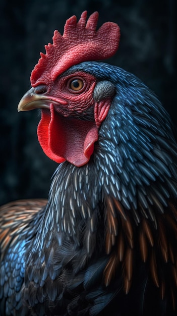 Nahaufnahme eines Huhns mit rotem Gesicht und gelben Augen.