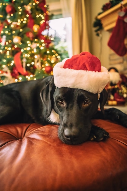 Nahaufnahme eines Hundes am Weihnachtsbaum zu Hause