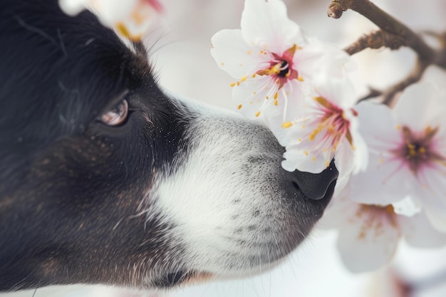 Nahaufnahme eines Hundes, der eine Frühlingsblüte schnüffelt, eines Hunde, der eine Blume riecht, Generative KI
