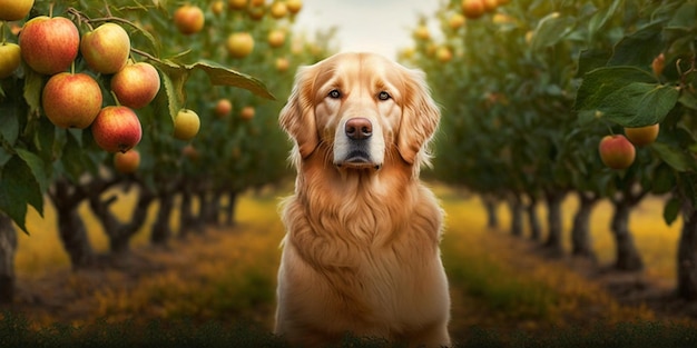 Nahaufnahme eines Hundes im Feld mit Äpfeln als Hintergrund für generative KI