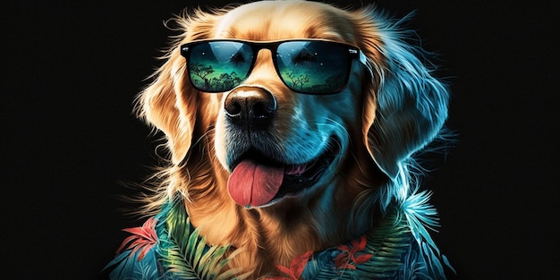 Nahaufnahme eines Hundes mit Sonnenbrille und Schal im hawaiianischen Stil, generative KI