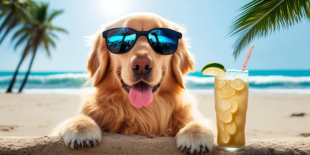 Nahaufnahme eines Hundes mit Sonnenbrille und trinkender generativer KI
