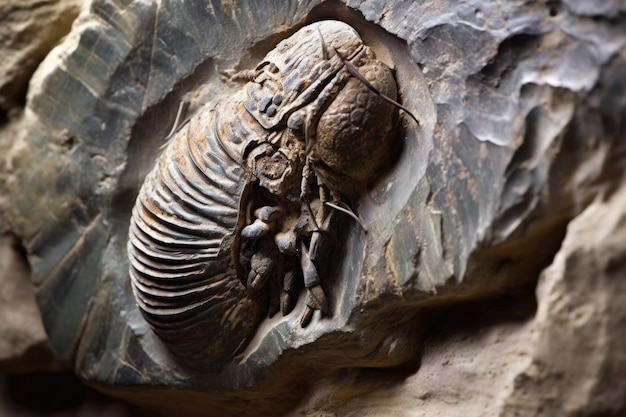 Nahaufnahme eines in Sedimentgestein eingebetteten Trilobitenfossils