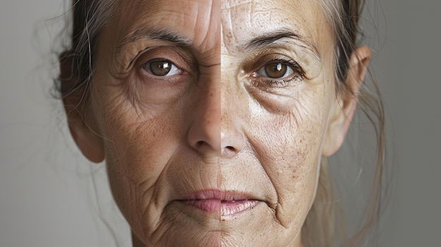 Nahaufnahme eines in zwei Teile geteilten Gesichts einer Frau Die linke Seite ihres Gesichts ist älter mit Falten und Altersflecken