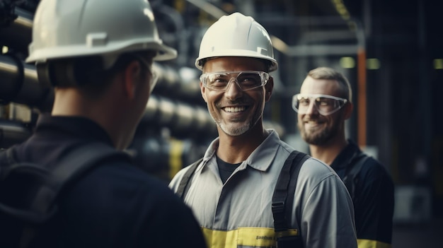 Nahaufnahme eines Ingenieurteams, das lächelnd auf dem Hintergrund eines Gaskraftwerks spricht