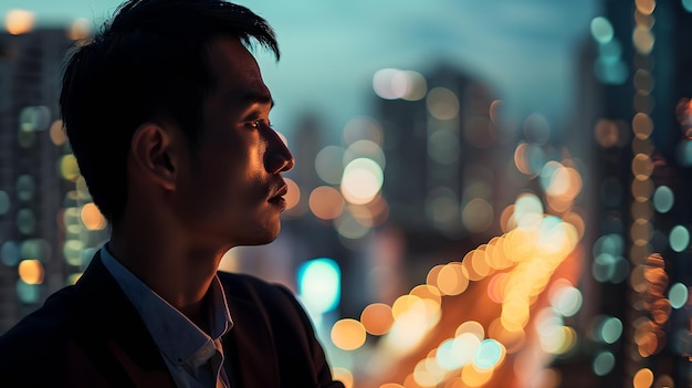 Nahaufnahme eines jungen erfolgreichen asiatischen Geschäftsmanns, der die Nachtstadt mit professionellem Filmlicht betrachtet