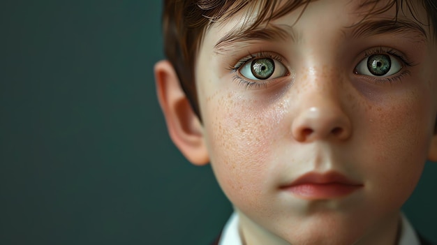 Nahaufnahme eines jungen Jungen mit Freckles und grünen Augen Der Junge schaut mit einem ernsten Gesichtsausdruck in die Kamera