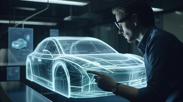 Nahaufnahme eines jungen Mannes, der ein holographisches Automodell auf einem virtuellen Bildschirm berührt