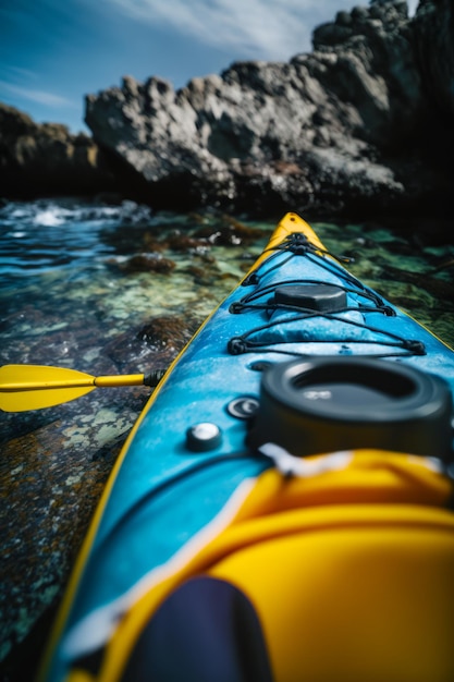 Nahaufnahme eines Kajaks im Wasser mit Felsen im Hintergrund Generative KI