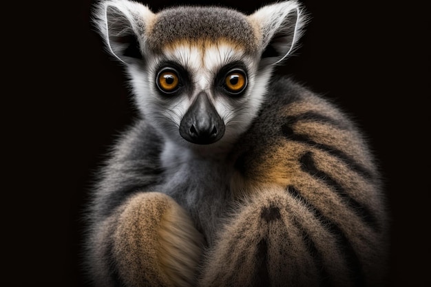 Nahaufnahme eines Katta-Tiers aus Madagaskar isoliert auf schwarzem Hintergrund