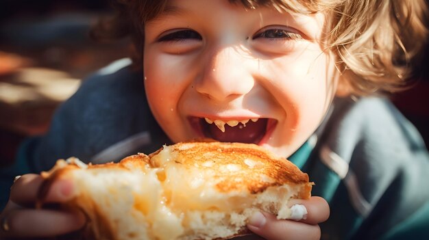 Nahaufnahme eines Kindes, das ein klebriges, gegrilltes Käse-Sandwich genießt