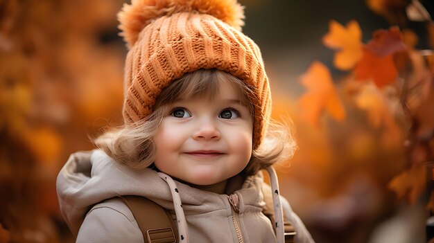 Nahaufnahme eines Kindes mit sanfter Beleuchtung und einem Herbst-Hintergrund Generative Ai