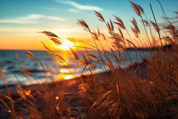 Nahaufnahme eines kleinen Grashalms mit Sonnenuntergang über dem ruhigen Meer, Sonne, die über dem Horizont untergeht. Wunderschöne Natur