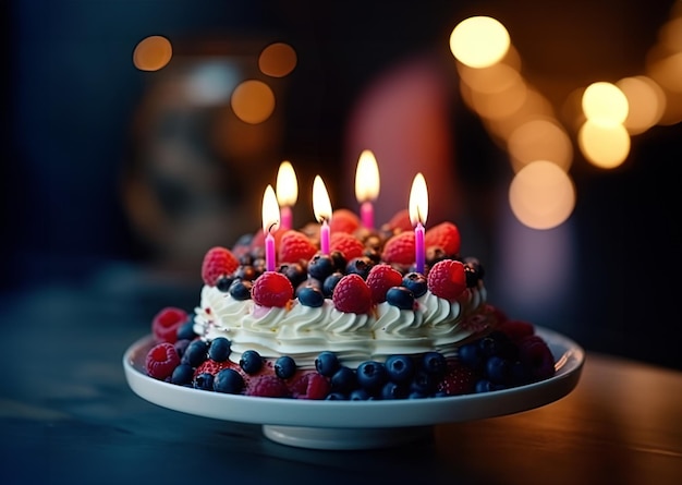 Nahaufnahme eines kleinen Kuchens mit verschiedenen Beeren