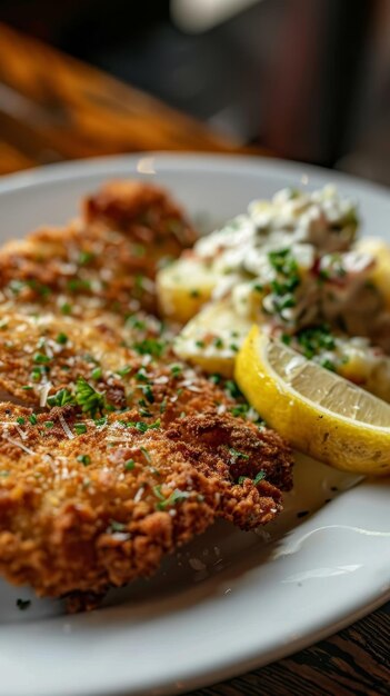 Foto nahaufnahme eines knusprigen schnitzels mit zitrone und petersilie, der mit kartoffelsalat auf einem dunklen teller serviert wird