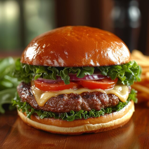 Nahaufnahme eines köstlichen Cheeseburgers mit Salat, Tomaten und Zwiebeln auf einem Holztisch.