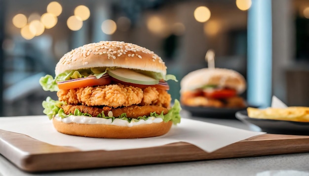 Nahaufnahme eines köstlichen, frischen, leckeren Hühnerburgers auf dem Tisch.