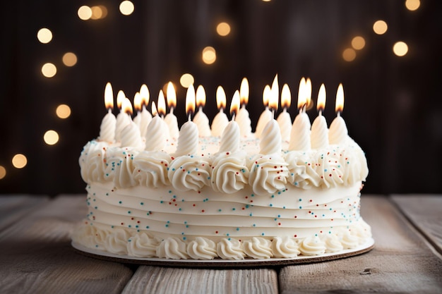 Nahaufnahme eines köstlichen weißen, hausgemachten, mit frischen Blumen und Kerzen geschmückten Creme-Geburtstagskuchen