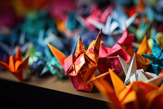 Nahaufnahme eines komplizierten Origami-Handwerks mit buntem Papier, das mit generativer KI erstellt wurde