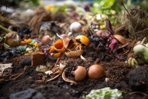Foto nahaufnahme eines komposthaufens mit gesunden mikroorganismen und würmern, die mit generativer ki erstellt wurden