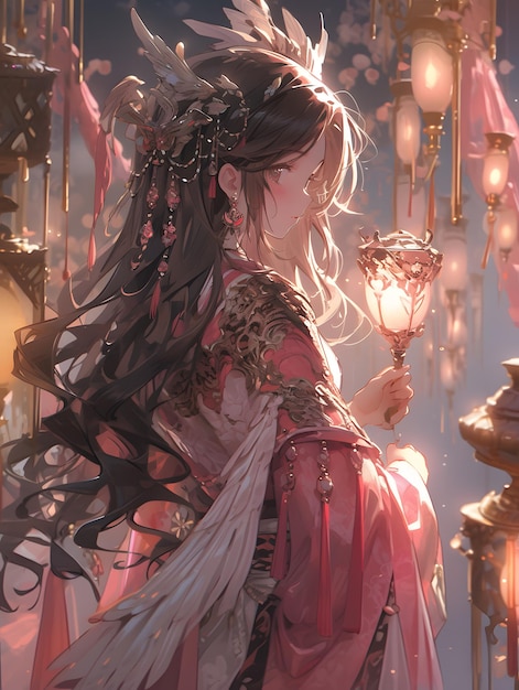 Nahaufnahme eines Kriegermädchens im Anime-Stil in Rosa- und Bronzetönen