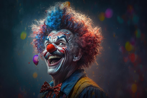 Nahaufnahme eines lächelnden Clowns mit mehrfarbiger Perücke, der mit generativer KI-Technologie erstellt wurde