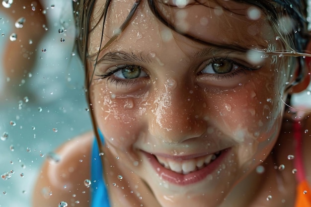 Nahaufnahme eines lächelnden Mädchengesichts mit Wassertropfen