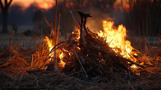 Nahaufnahme eines Lagerfeuers auf dem Feld und im Lager im Stil hyperrealistischer Vogelstudien