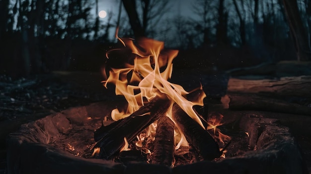 Nahaufnahme eines Lagerfeuers mit brennendem Holz und einer offenen Flamme in der Nacht