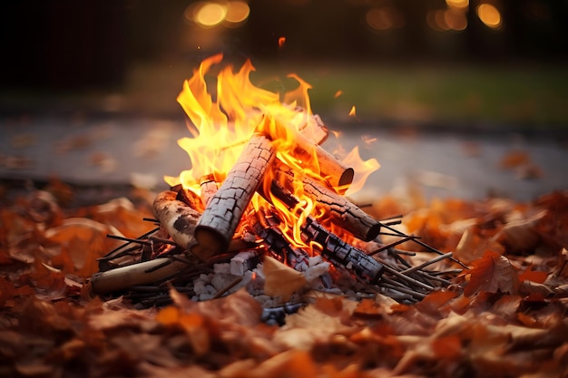 Nahaufnahme eines Lagerfeuers mit Herbstblättern im Hintergrund