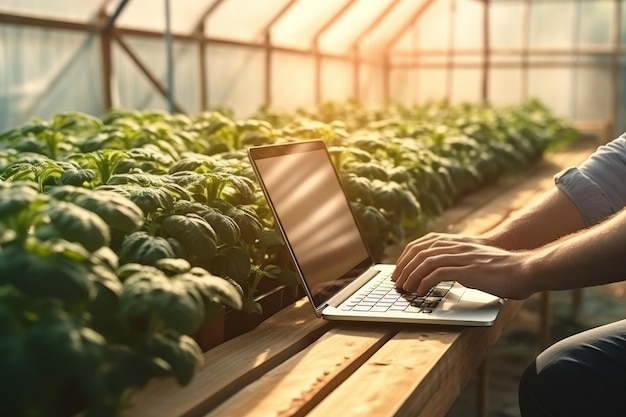 Nahaufnahme eines Landwirts, der einen Laptop für das landwirtschaftliche Management im Gewächshaus verwendet