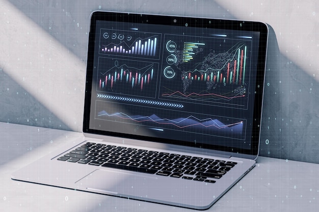 Nahaufnahme eines Laptops auf dem Desktop mit abstrakt leuchtendem Candlestick-Geschäftsdiagramm auf Betonwandhintergrund Handelsfinanzierungstechnologie und Marktkonzept 3D-Rendering