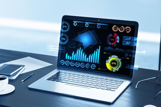 Nahaufnahme eines Laptops mit Geschäftsdiagramm am grauen Büroarbeitsplatz. Analytics-Finanzbericht und Geldkonzept 3D-Rendering