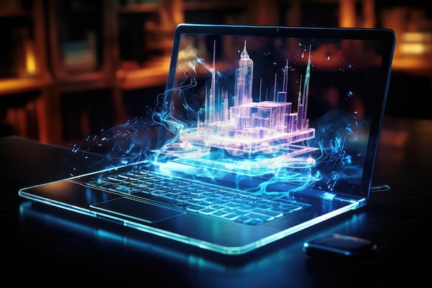 Nahaufnahme eines Laptops über Raum-Hologramm-Technologie Generative KI