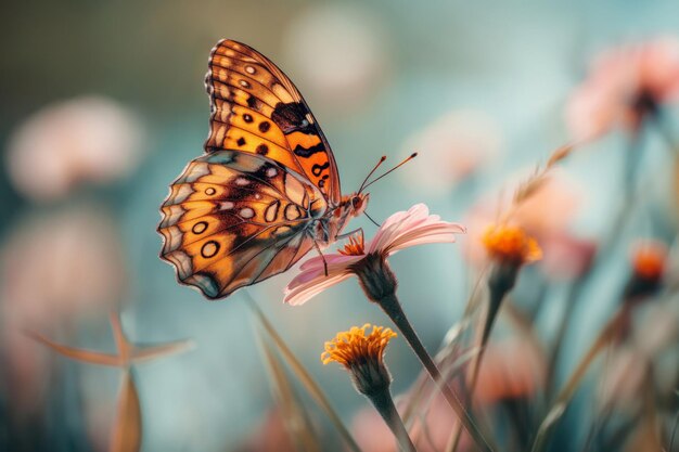 Nahaufnahme eines lebendigen Fritillary-Schmetterlings, der eine schöne Blume in einem natürlichen Garten im Freien zart bestäubt, mit einem atemberaubenden Bokeh-Hintergrund