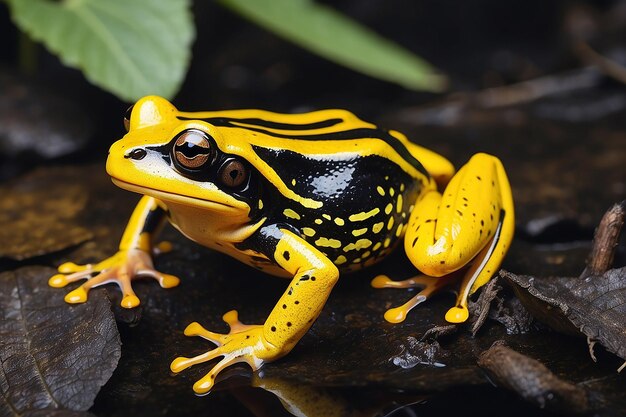 Nahaufnahme eines lebendigen gelb-schwarzen Frosches in einem Wildtierdokumentarfilm Generative KI