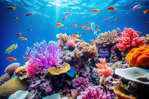 Nahaufnahme eines lebhaften Korallenriffs mit einer Vielzahl bunter Fische, die herumschwimmen