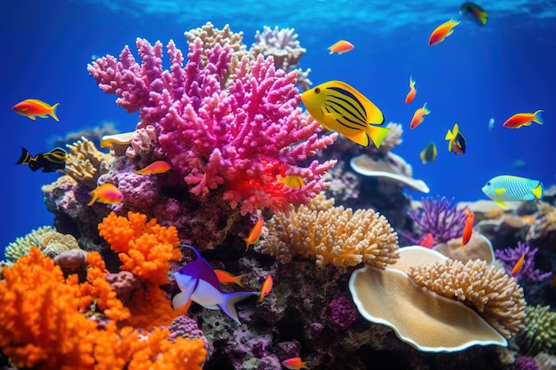 Nahaufnahme eines lebhaften Korallenriffs mit verschiedenen Arten von Korallen und Meereslebewesen