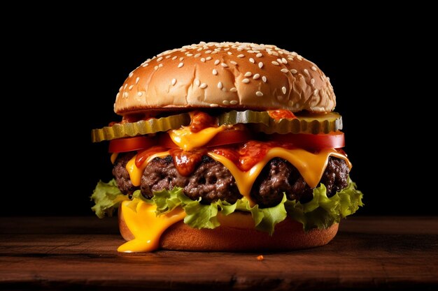 Nahaufnahme eines leckeren Cheeseburgers auf einem Holztisch vor schwarzem Hintergrund