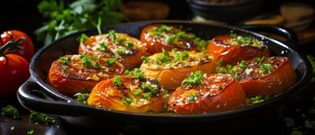 Nahaufnahme eines leckeren rustikalen Gerichtes mit gerösteten Tomaten mit Thymian, Zwiebeln und Pfeffer